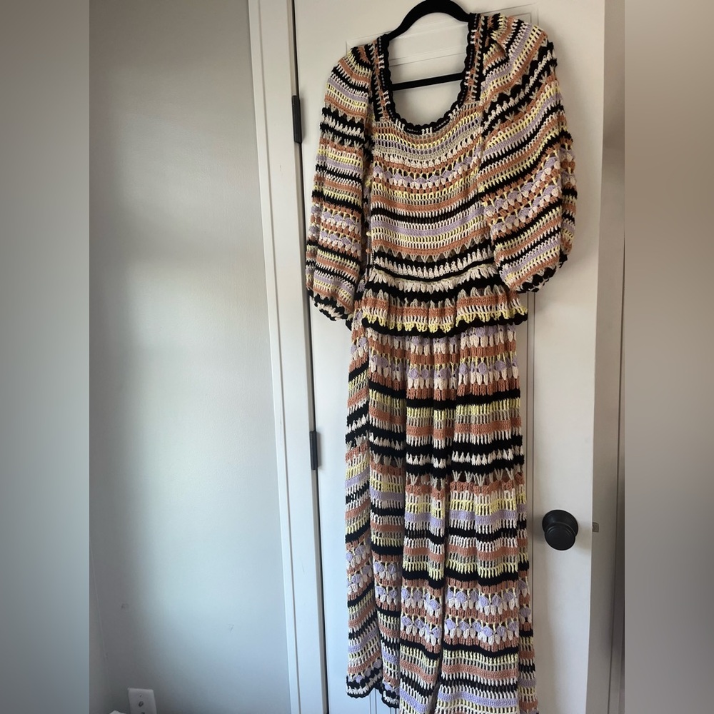 $895 Ulla Johnson Delfina Striped Crochet Cotton Tiered Maxi Dress Ecru Medium - Picture 11 of 11